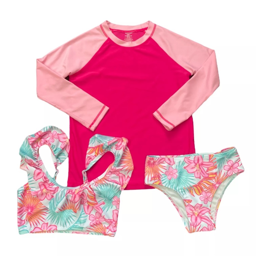 Girls members Mark 3 toddlepiece bathing suit set size 3t pink/ lgreen color new